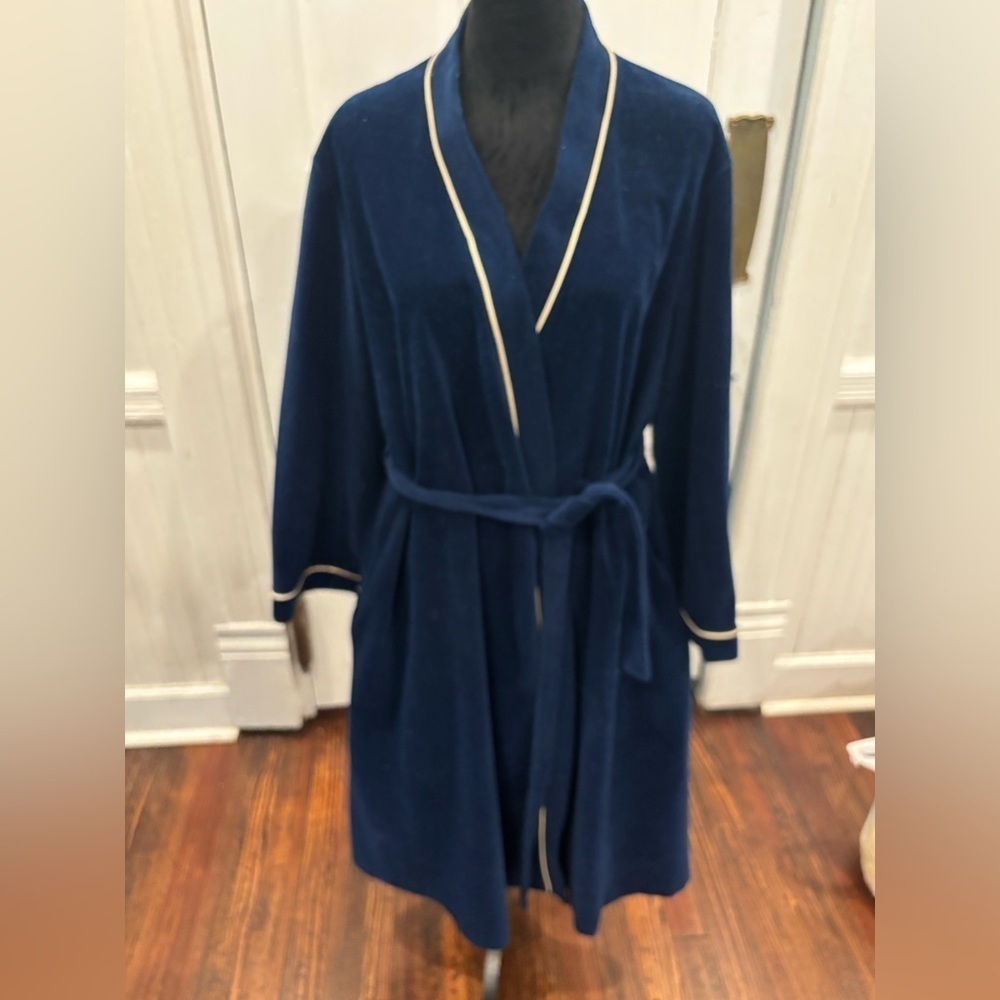 Vanity Fair Velour Robe Vintage Size Large Long Housecoat Front USA Blue